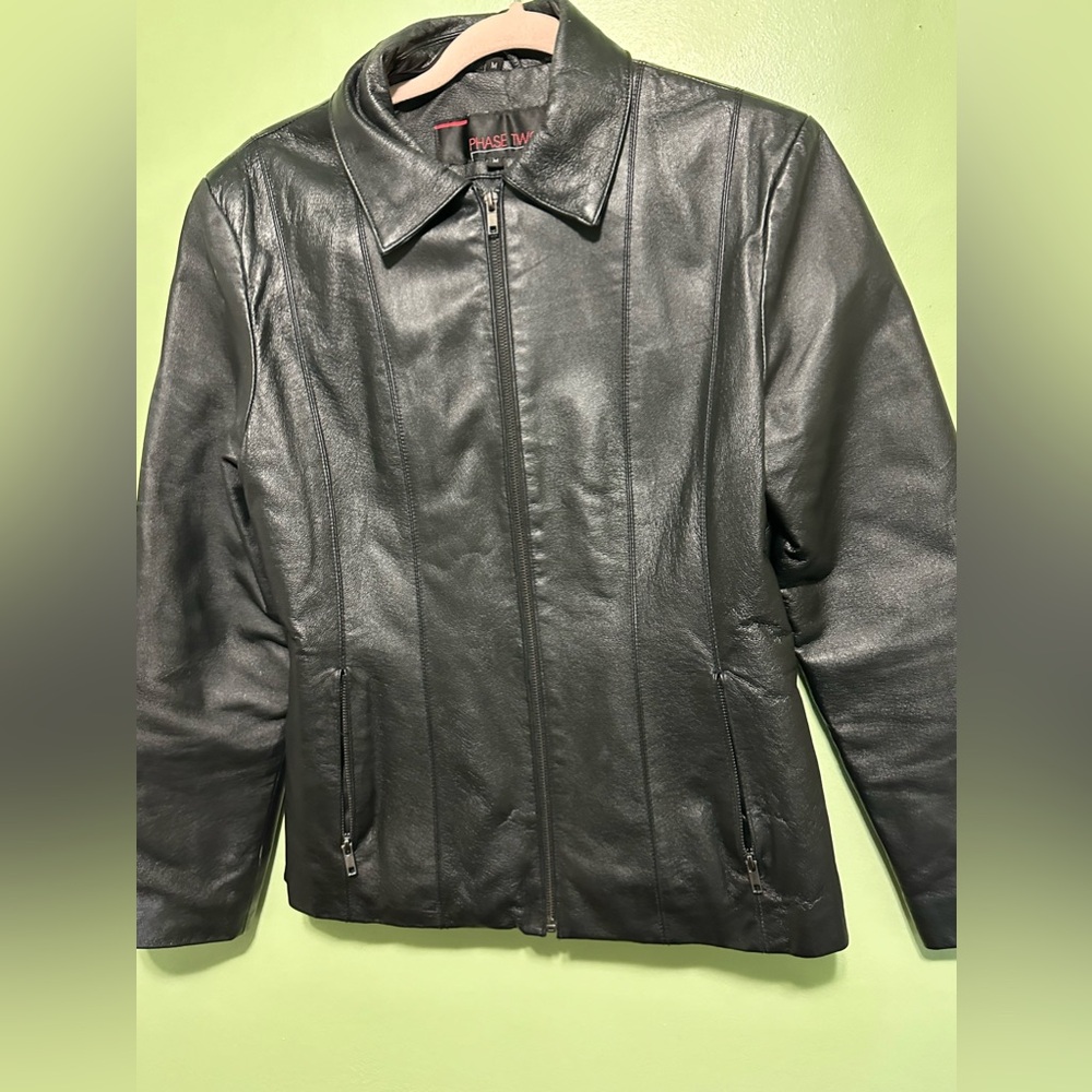 Phase Two Full Zip Leather black Jacket Women's Size M NWOT